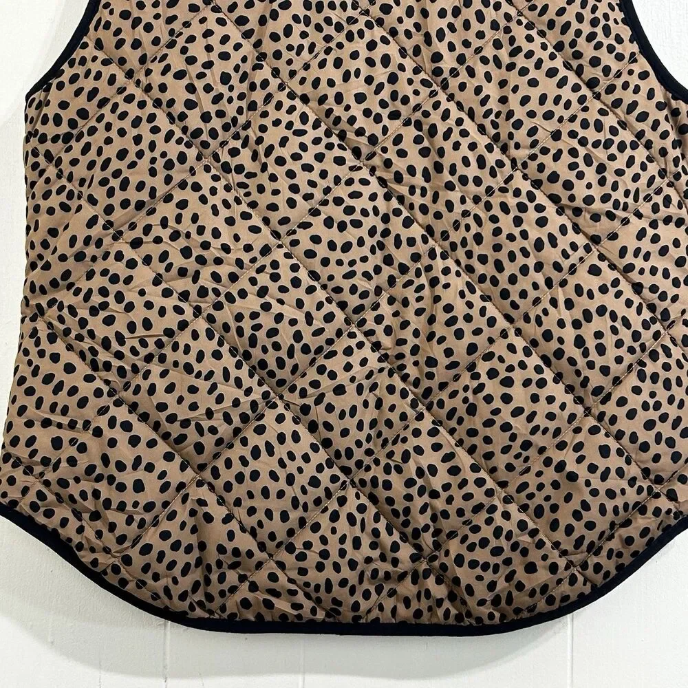 J. Crew Women's Animal Print Quilted Puffer Vest Size M Snap Pockets Zip Clouser